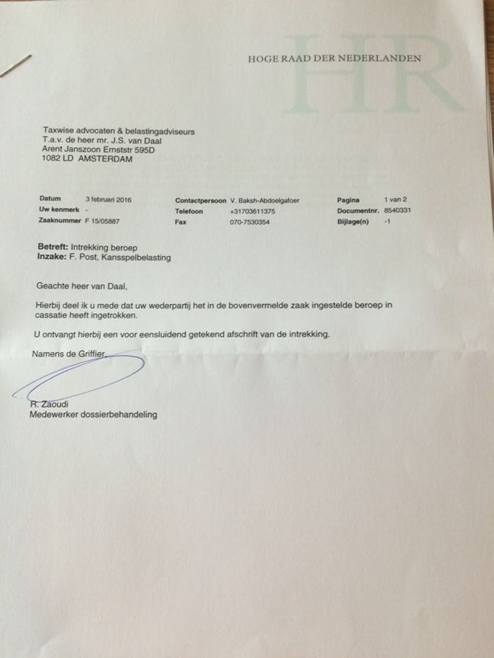 Beroep in cassatie door Belastingdienst ingetrokken in zaak Freerk Post 102