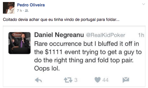 Pedro Oliveira no Dia 3 do Evento #69: .111 Little One for One Drop; Cabeça Foi 107º... 101