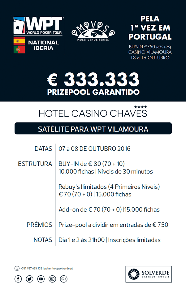 Satélites WPT National Iberia 7 e 8 de Outubro no Hotel Casino Chaves 101