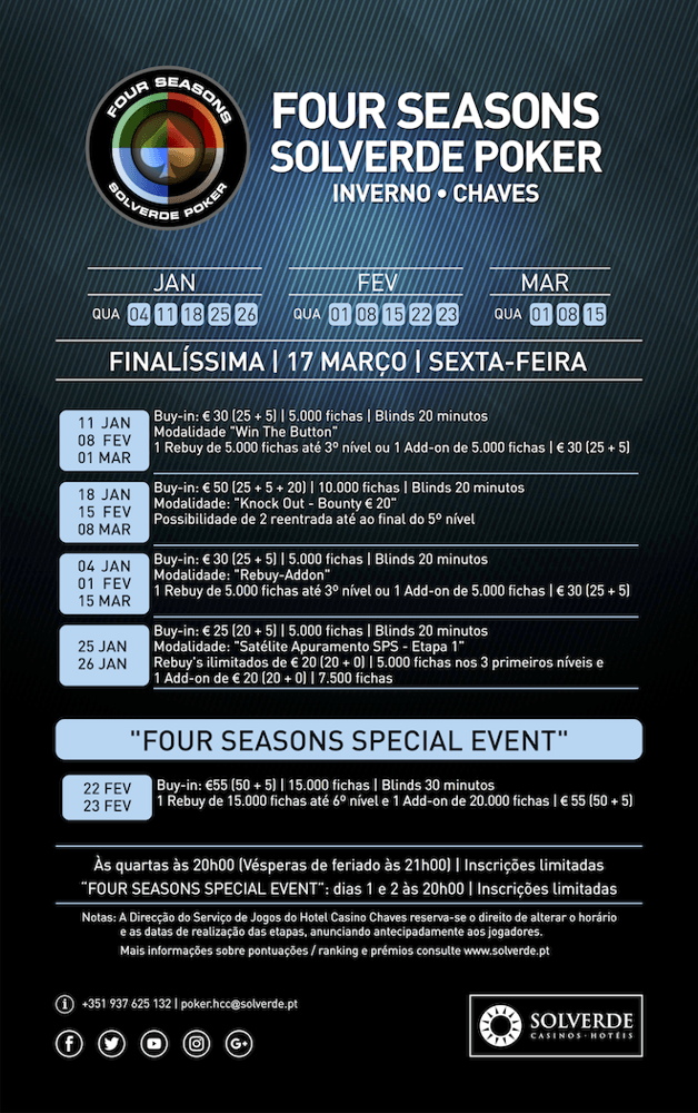 Calendário Four Seasons Solverde Poker Inverno no Hotel Casino Chaves 101