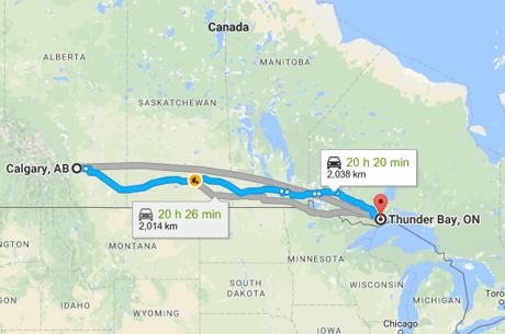 Google Map from Calgary to Thunder Bay