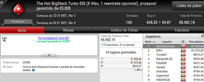 QuimDiamond Volta a Vencer The Hot BigStack Turbo €50 & Mais 101