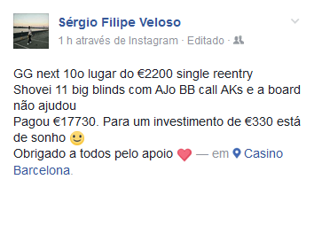 Sérgio Veloso 10º no €2,200 Single Re-Entry no PSC Barcelona (€17,730) 101