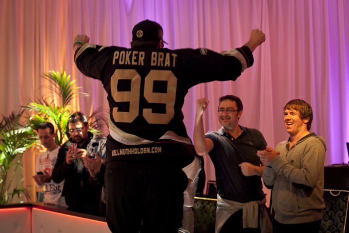 Phil Hellmuth jumps in excitement when he realizes he is going to be WSOPE Main 