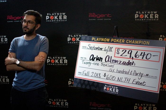 Arian Alemzadeh with the winner's check after $600 event