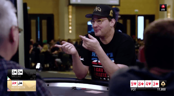 Phil Hellmuth in a hand against Darren Millar on Day 2 of the PSPC