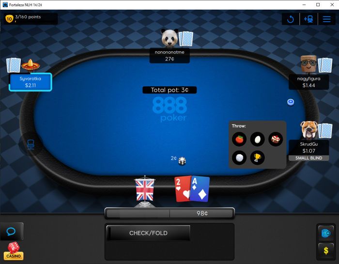 throw a tomato, egg, cake, snowball, or a trophy at your opponents in 888poker's Poker 8 software