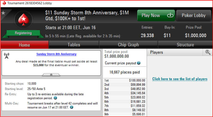 In aceasta seara, pe PokerStars: Sunday Storm garanteaza 1.000.000$ la buy-in de 11$ 101