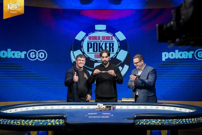 Leon Tsoukernik and Jack Effel with 2019 WSOPE Champion Alexandros Kolonias