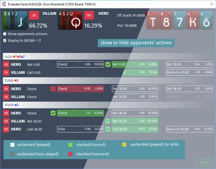 Simple GTO Trainer - Evaluating a hand in Regular training