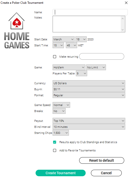 PokerStars Home Games Create a Tournament