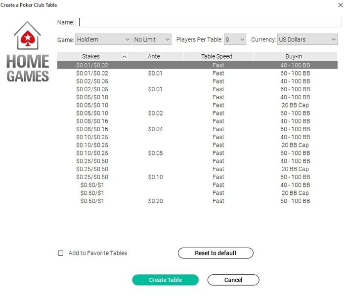 PokerStars Home Games Create a Cash Table