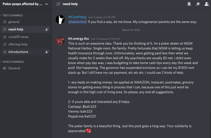 The “Poker Peeps Affected By COVID19” Discord Channel