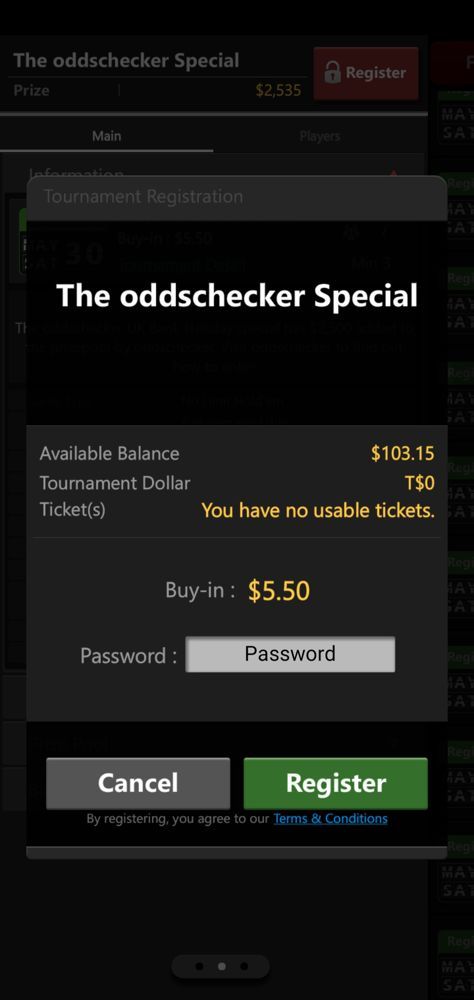 oddschecker Poker password