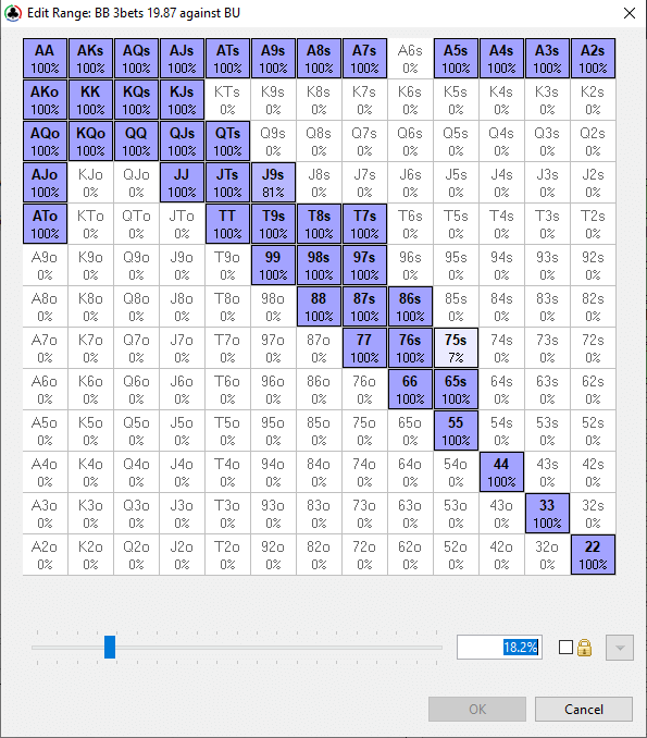 20bb BB 3-bet jamming range (18.2%) vs BTN minraise (HoldemResources Calculator)