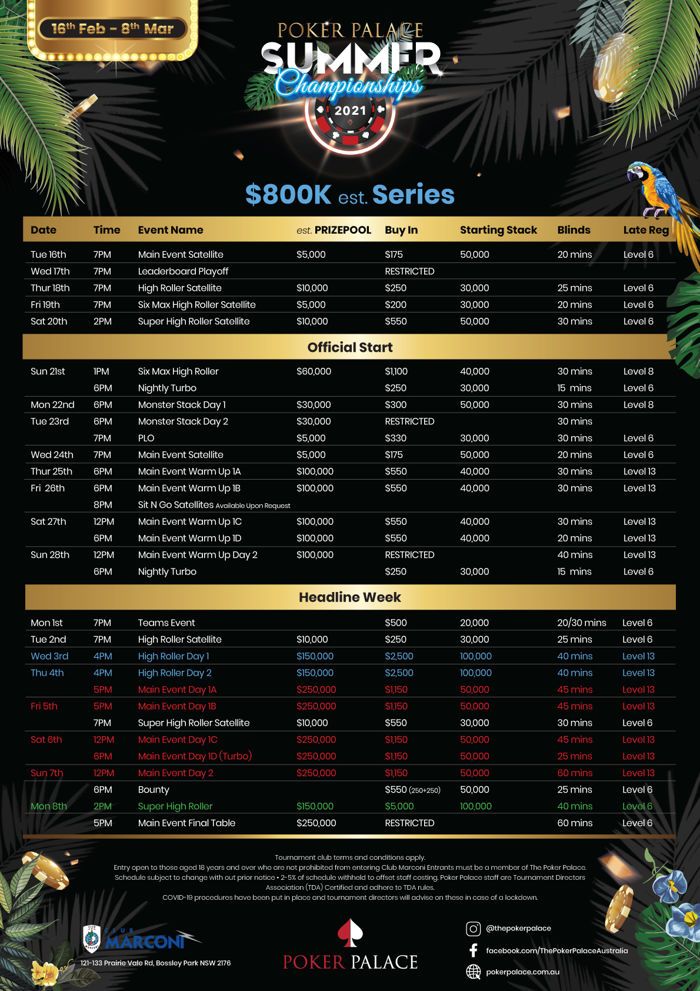 Poker Palace Summer Championships 2021 Schedule