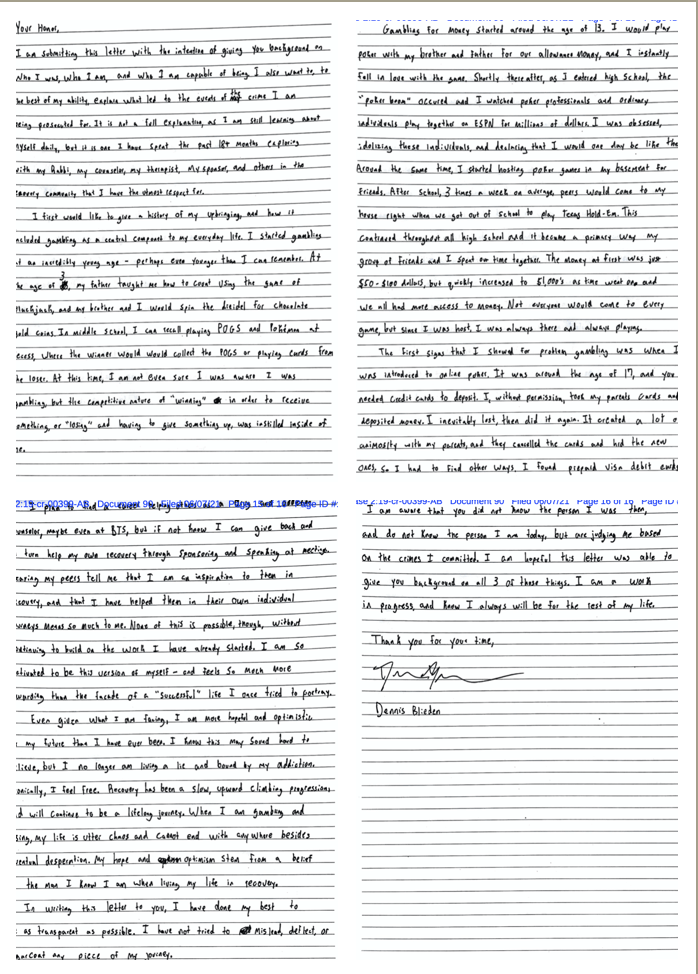 Pages from Blieden's handwritten letter to the judge.