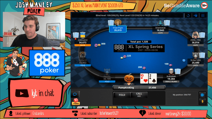 888poker's new streamer, Josh Manley, in the Main