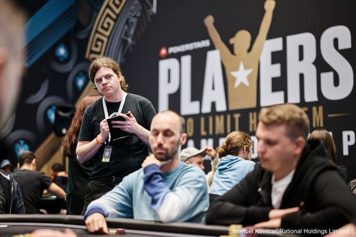 PokerNews U.S. Editor Connor Richards live reporting at the 2023 PokerStars Players Championship