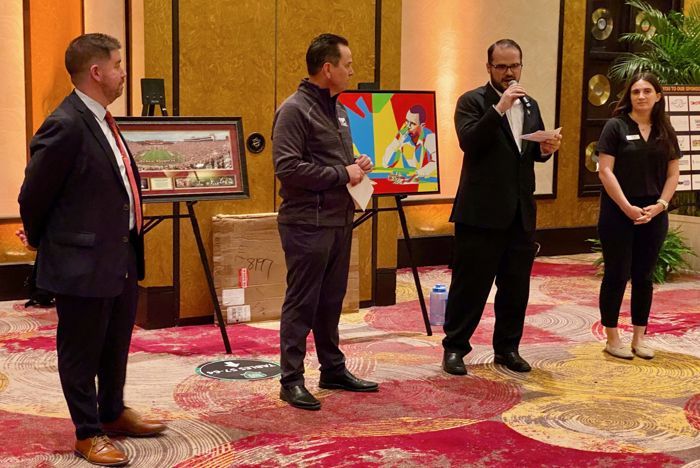 From left to right: Jason Heidenthal (Seminole Hard Rock Hollywood Poker Tournament Manager), Matt Savage (WPT Executive Tour Director), Matt Stout (CSOP Founder), and Kayla Scognamillo (Make-A-Wish Southern Florida)