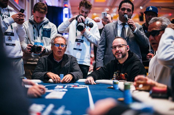 UTG+1 (pictured, right) is at risk for his tournament life on the bubble of the WPT World Championship.