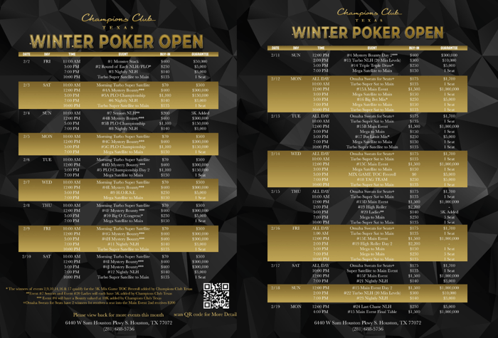 Champions Club Winter Poker Open Schedule