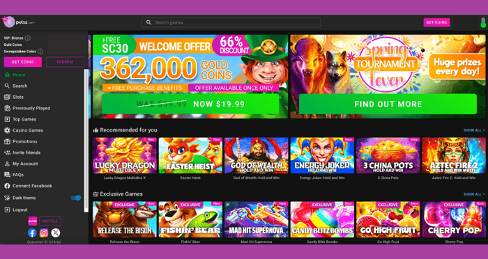 Pulsz Social Casino homepage