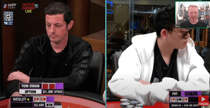 Jonathan Little analyses a hand between Tom Dwan on Wesley