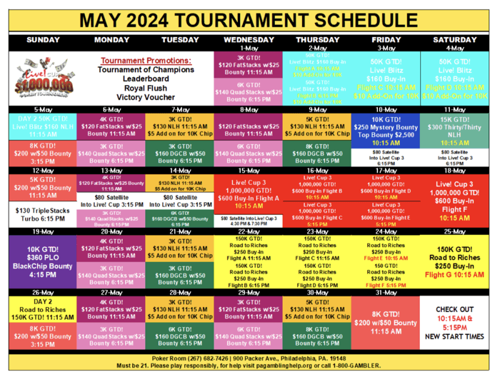 Philly Live! Poker Room Tournament Schedule
