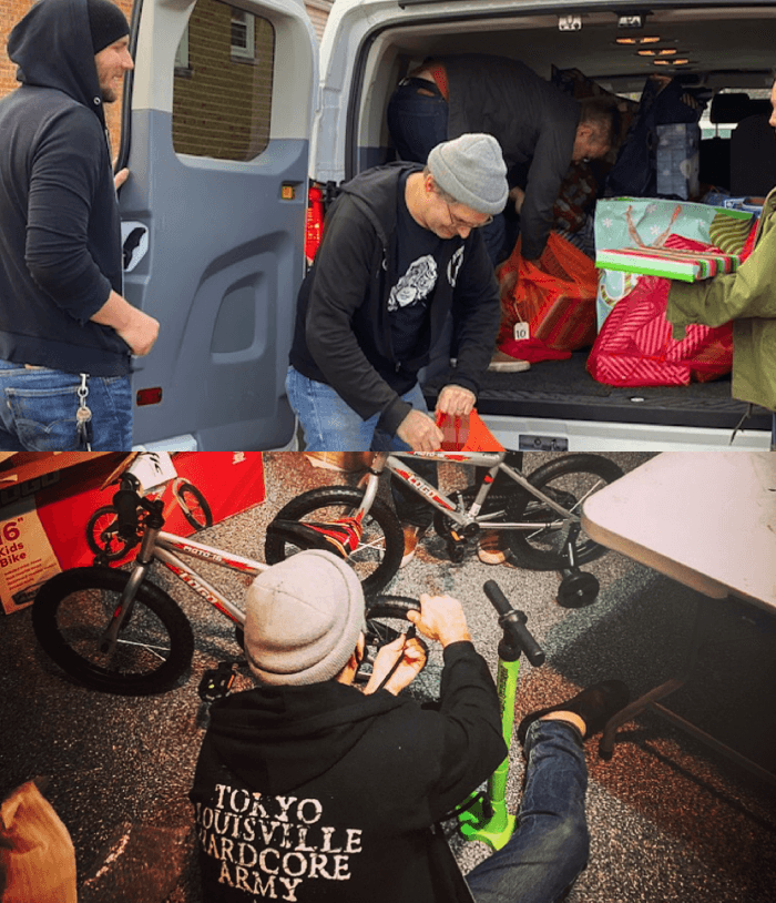 Top: Shack-Harris & Albini deliver gifts for Letters for Santa; Bottom: Albini puts together bikes to give away