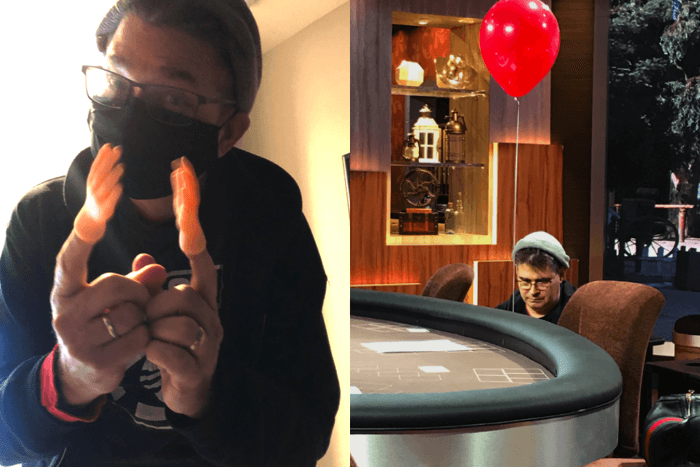 Left: Albini choosing a prop theme for the 2021 WSOP; Right: Albini tying a red balloon to a chair at PokerGO Studio in 2020. 