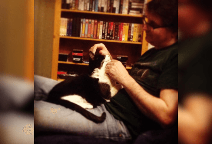 A photo of Albini and his cat Bacon that Shack-Harris took while living in the studio.