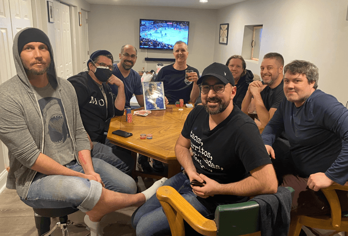 The final full in-person home game on May 12, 2023, a year before Albini’s death. Left to Right: Shack-Harris, Albini, Kosinski, Yancy Blaylock, Brent White (front), Jon San Paolo, Jason Gola, Matt Grapenthien.