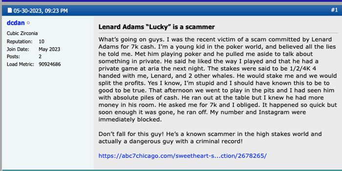 Accusations against Lenard Adams on the Poker Fraud Alert forum