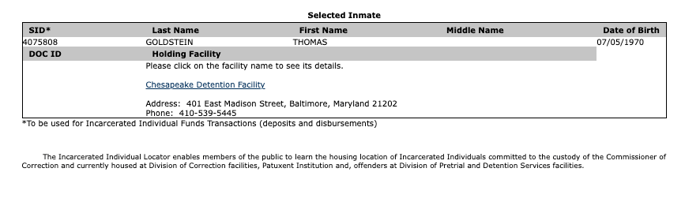 Tom Goldstein was held at Chesapeake Detention Facility in Maryland