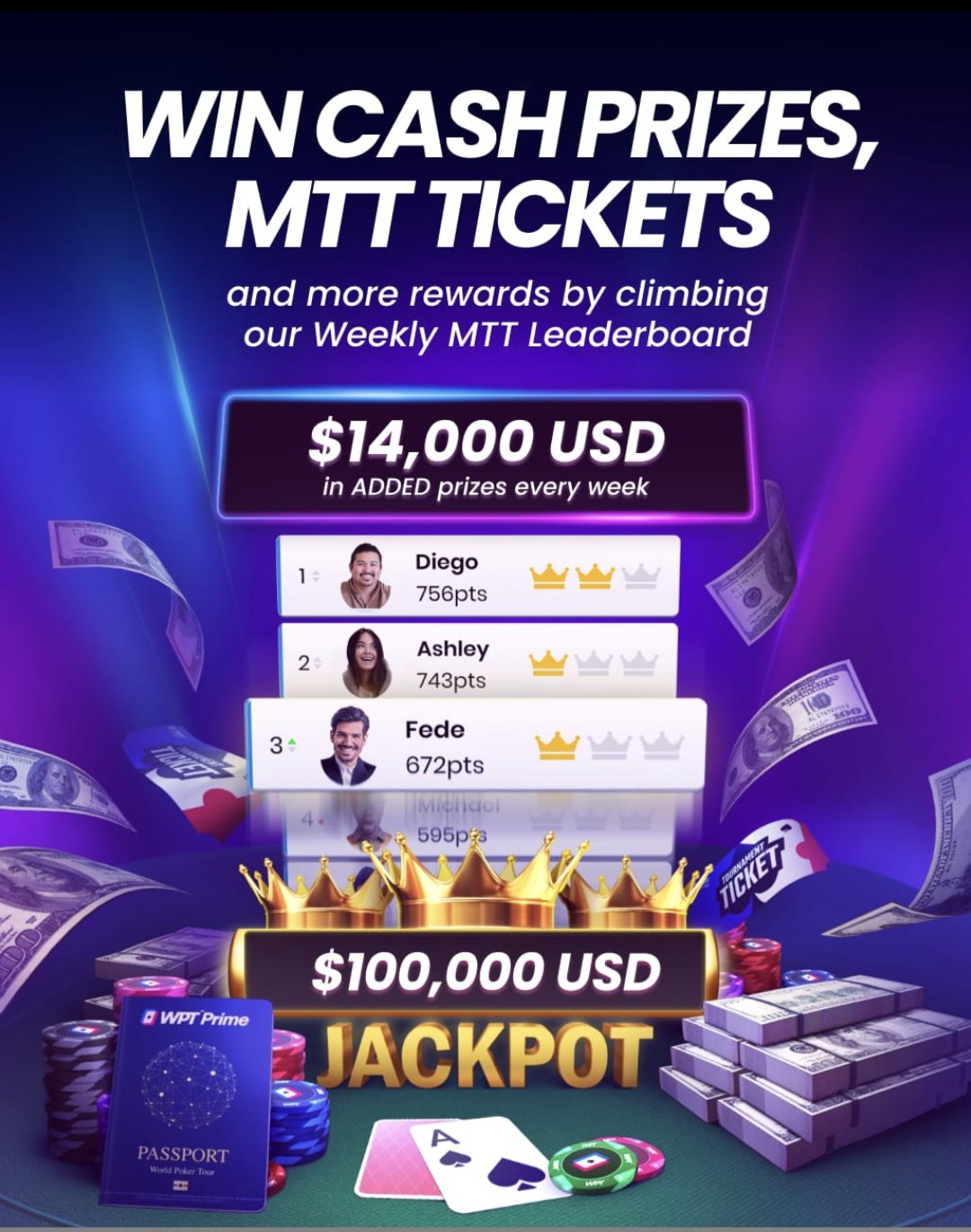 Ganhe sua parte de US$ 14.000 nas Leaderboards de MTT Semanais do WPT  Global