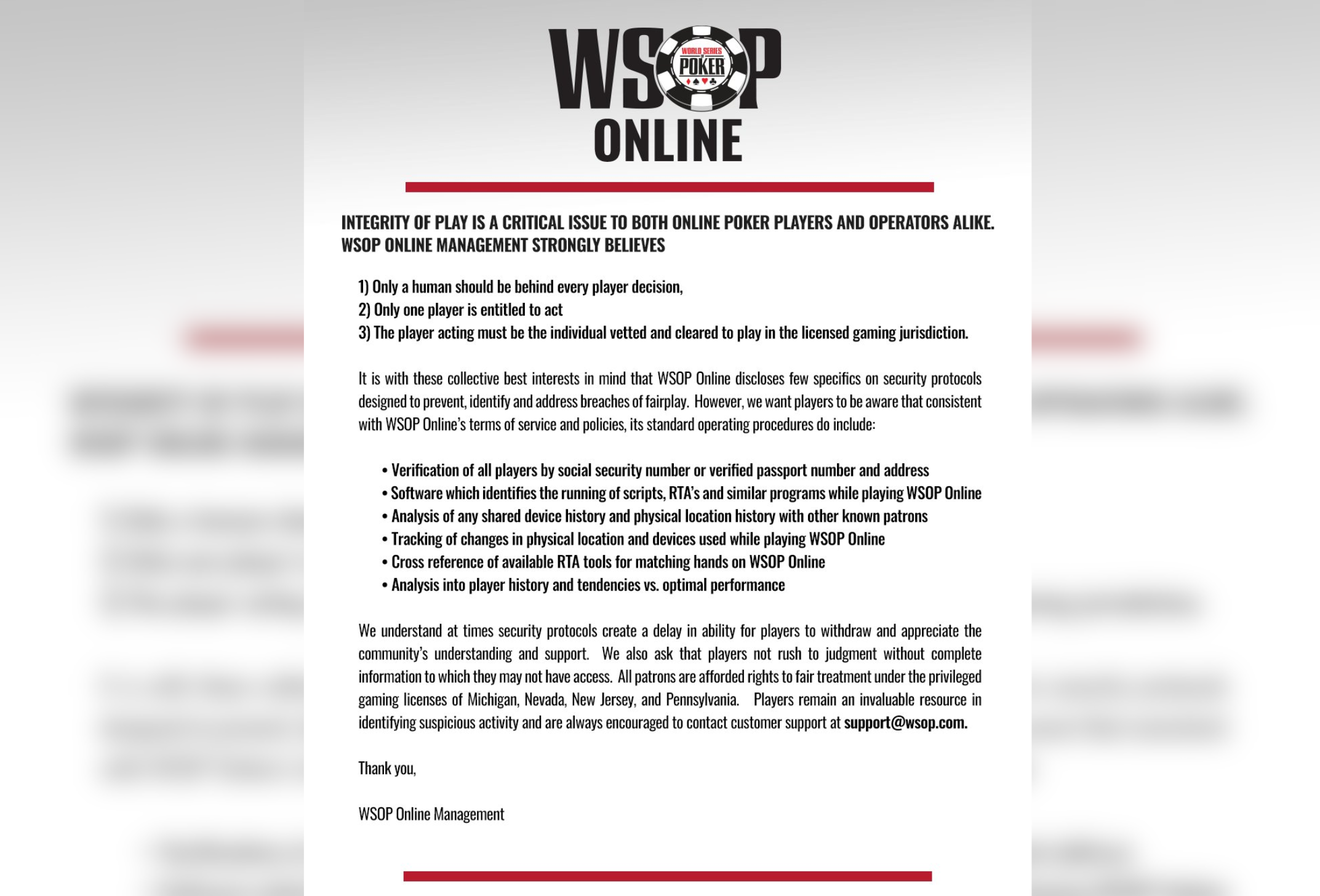 WSOP Online Addresses RTA Concerns: Integrity a “Critical Issue”