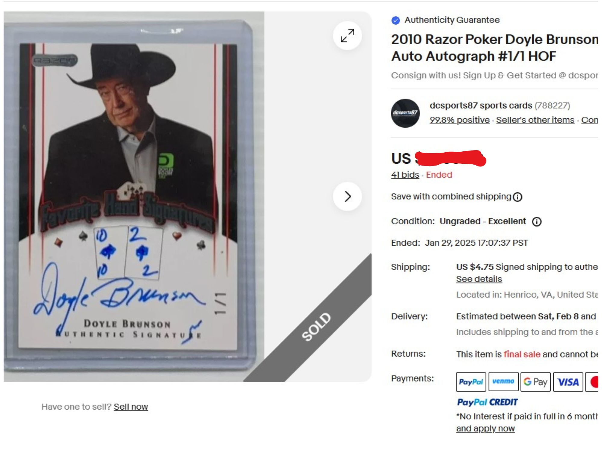 Is this 1/1 Doyle Brunson Autograph the Highest Selling Poker Trading Card Ever?