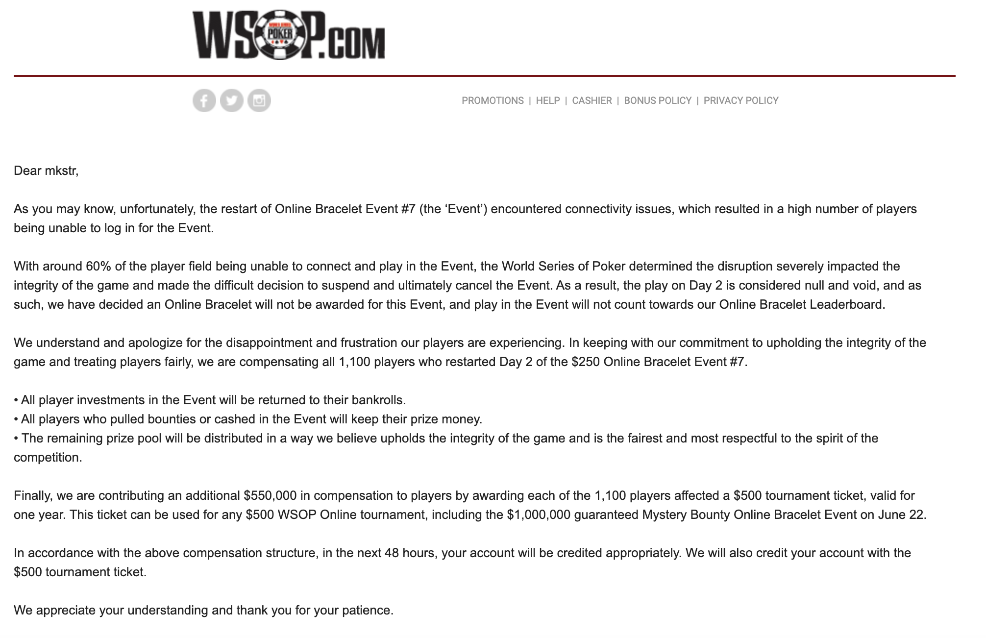 WSOP Addresses Cancelled Online Bracelet Event: “Disruption Severely Impacted Integrity of the Game”