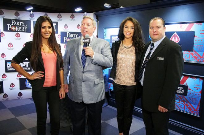 Mike Sexton is joined by Royal Flush Girls Tugba Ercan (left) and Brittany Bell, along with Martin Roy.