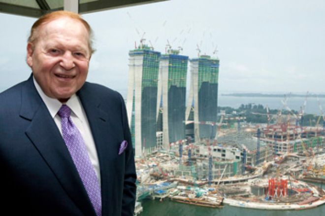 Las Vegas Sands chairman Sheldon Adelson in Singapore in 2009, with Marina Bay Sands construction sites in the background.