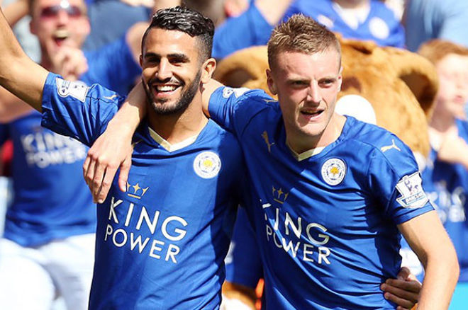 Leicester City's Riyad Mahrez and Jamie Vardy