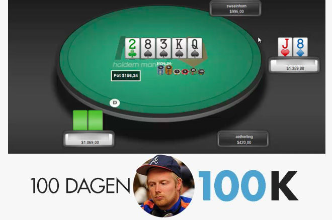 100 dagen $100k - Een pair omzetten in een bluf op een 4-flush board 100 dagen $100k - Een pair omzetten in een bluf op een 4-flush board