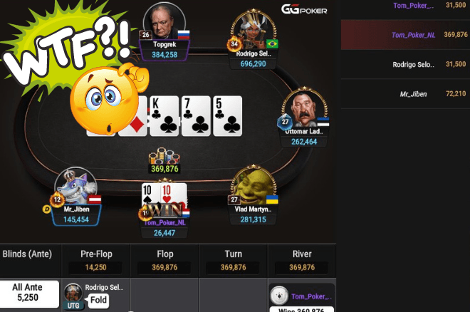 Jogador com a pior mão no showdown ganha o pote em torneio High Roller no poker online