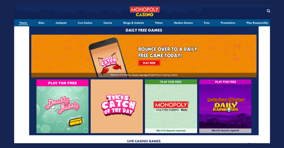 The Monopoly Casino desktop site provides a clean, fresh look and easy navigation to the various game categories.