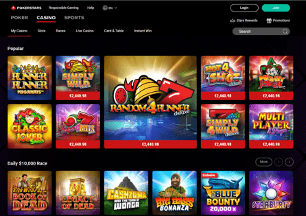 This is PokerStars Casino homepage with the most popular casino games