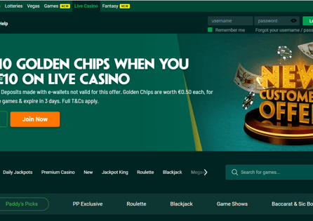 Paddy Power Casino homepage displays a current welcome offer