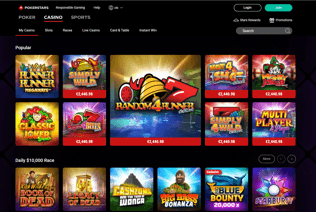 This is PokerStars Casino homepage with the most popular casino games