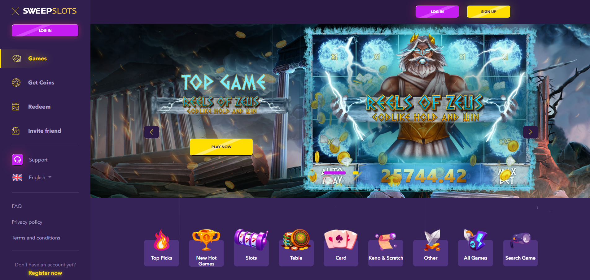 Sweepslots casino homepage