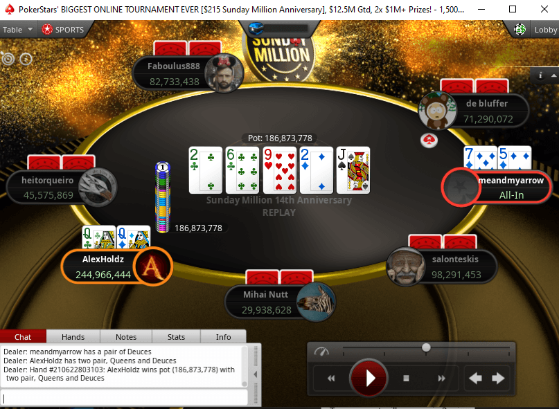 Start-of-day chip leader "meandmyarrow" bluffs into "AlexHoldz"'s queens